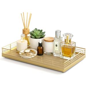 Large Bathroom Vanity Tray 13" x 8" Oak Decorative Wooden Tray for Bathroom Countertop & Vanity Organizer, Rectangular Wood Tray for Perfume, Skincare, Storage, Vanity Dresser Counter Decor, Gold