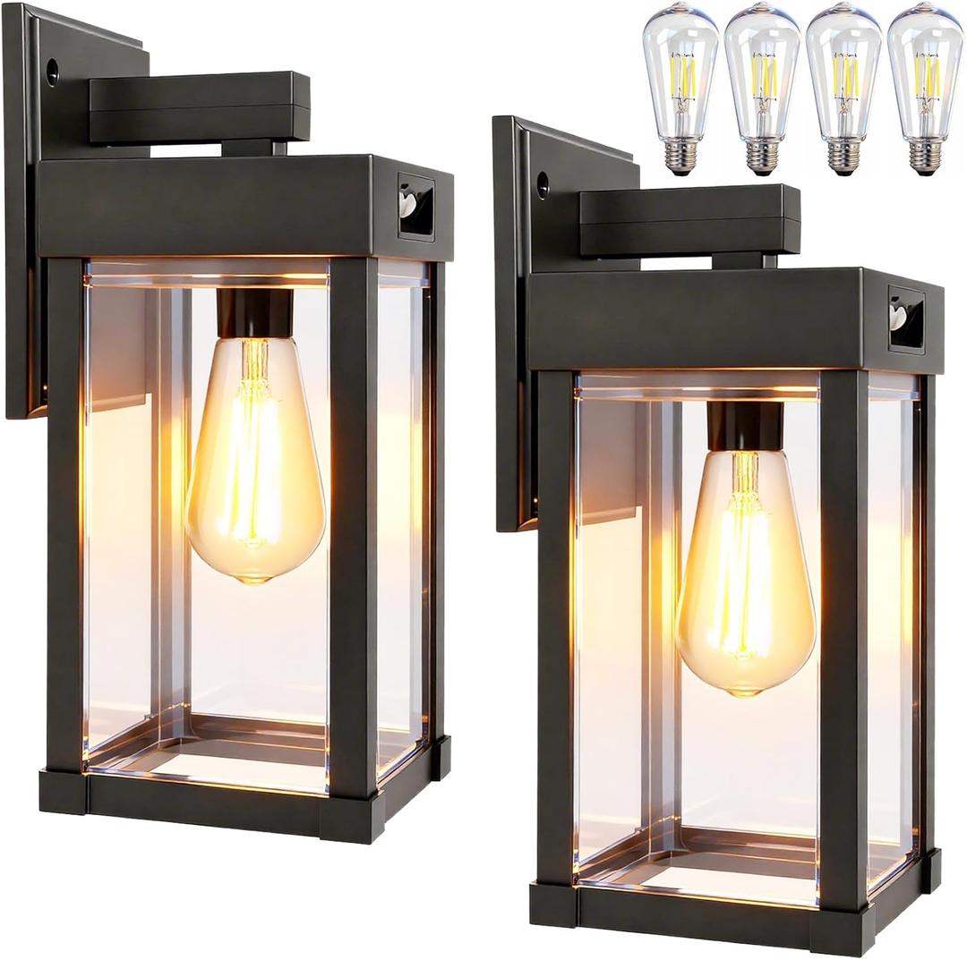 Solar Wall Lights Outdoor, Solar Sconce Lantern with 3 Lighting Modes & Motion Sensor, Porch Light Fixture Outside Waterproof with Clear Panel for Garage Yard Front Door Shed (2 Pack)
