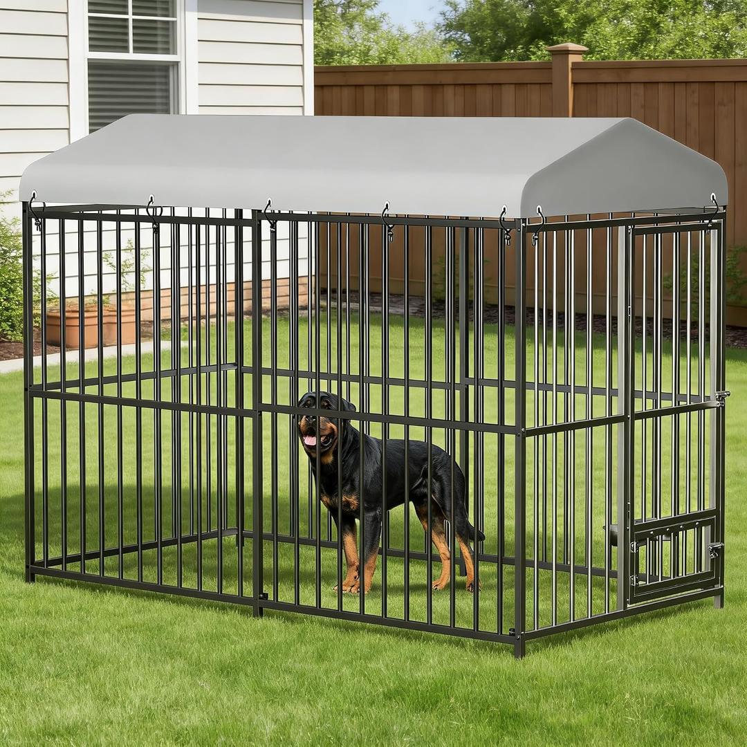 6 x 8FT Large Outdoor Dog Kennel with Waterproof Cover, Heavy Duty Metal Dog Run Enclosure with Feeding Doors, Large Dog House for Dogs, Chickens, Outdoor Pet Cage