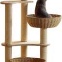 54" Modern Cat Tree for Large Cats, Wood Luxury Multi-Level Oak Solid Wood Cat Trees Cat Towers with 3 Rattan Weaving Cat Nests & Washable Cushions, Sisal Scratching Posts, for Indoor Cats-Lacquered