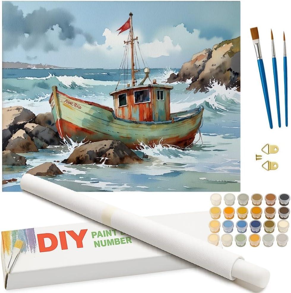 Fishing Boat Paint by Numbers Kit for Adults - DIY Rustic Boat on Rocky Shore Painting on Rolled Canvas 16x20 Inch, Acrylic Paint Set, Suitable for Beginners, Art for Home Decoration or Gifts