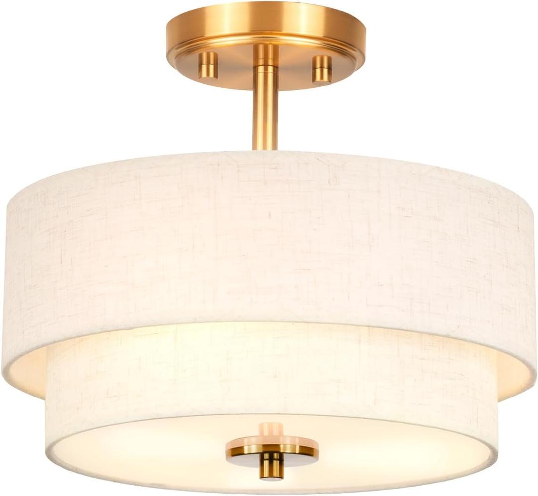 Edwarmlux 3-Light Semi Flush Mount Ceiling Light Fixture, 12.6" Gold Drum Light with White Fabric Shade, Modern Close to Ceiling Light for Living Room Bedroom Dining Room Kitchen Hallway Entry Foyer