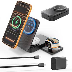 (Apple MFi Certified)3 in 1 Charging Station Apple, 25W 6FT Mag safe Stand Magnetic Charger for iPhone and iWatch with 35W USB C Block for iPhone 17 Pro Max/16 Pro/15 Plus/14/13/12,AirPods,Apple Watch