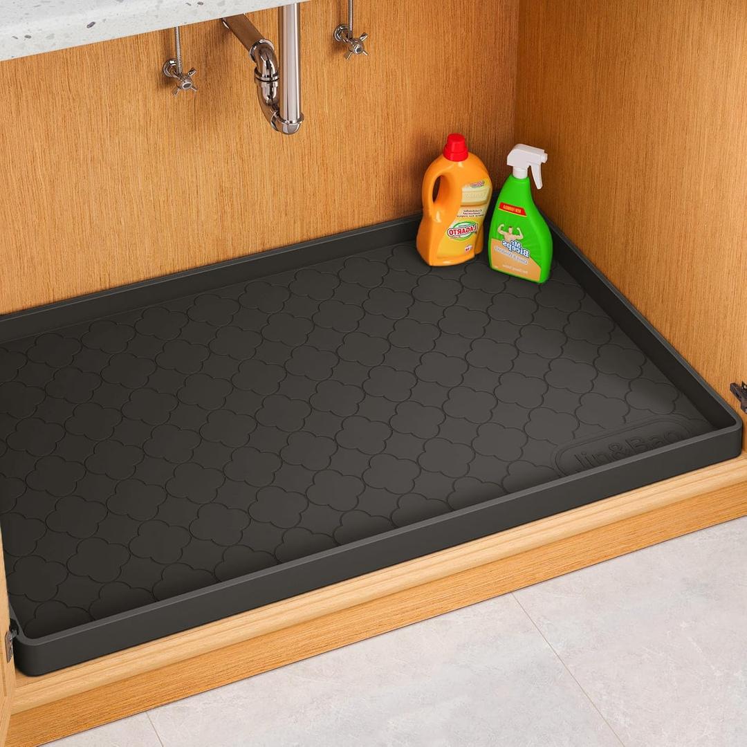 Jin&Bao Waterproof Under Sink Mat 34" x 19", Thick Silicone Mat Cabinet Protector for Kitchen and Bathroom, Shelf Liner, Home Organizer and Storage, Multipurpose Tray for Gadgets and Essentials (Black)