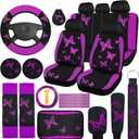 BBTO 43 Pcs Butterfly Car Seat Full Set Butterfly Car Accessories for Women 5 Front Rear Seat Covers Wrist Strap 2 Pcs Cup Mat Armrest Pad 2 Belt Cover Accessories for SUV, (Purple, Black)