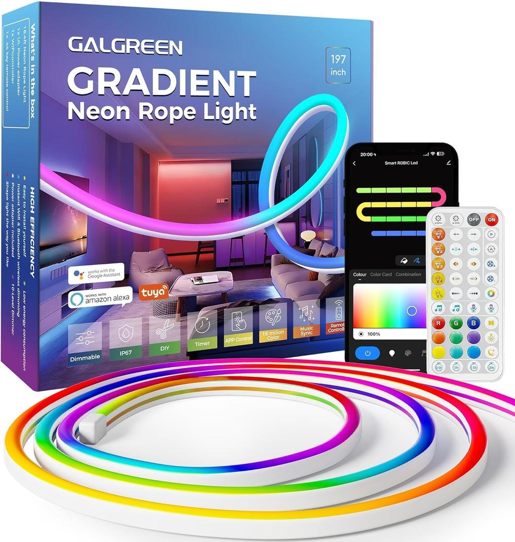 Smart LED Neon Rope Lights, WiFi Gradient RGB+IC Rope Lights Indoor with Remote, Waterproof Flexible DIY LED Strip Lights for Bedroom, Cuttable, Music Sync, Compatible with Alexa, 16.4ft