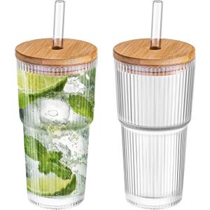 Dingerjar 20 oz Ribbed Glass Tumblers with Bamboo Lids and Straws, 2 Pcs Wide Mouth Thickened Vintage Glass Cup for Boba, Iced Coffee, Juice