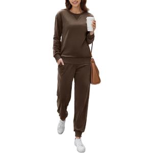 Ekouaer Womens Pajamas Sets Velvet Long Sleeve Jogger Pjs Soft Sleepwear 2 Piece Lounge Sets Casual Tracksuits (Large, Brown)