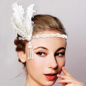 CASDRE Feather Headband White Pearl 1920s Headpieces Crystal 20s Hair Accessories for Women and Girls