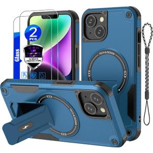 iPhone 13 case/iPhone 14 case[Compatible with MagSafe][with 2*9H Tempered Glass Screen Protector], Built in Invisible Stand, Not fadingShockproof Protective Phone Cover 6.1-inch(Blue)