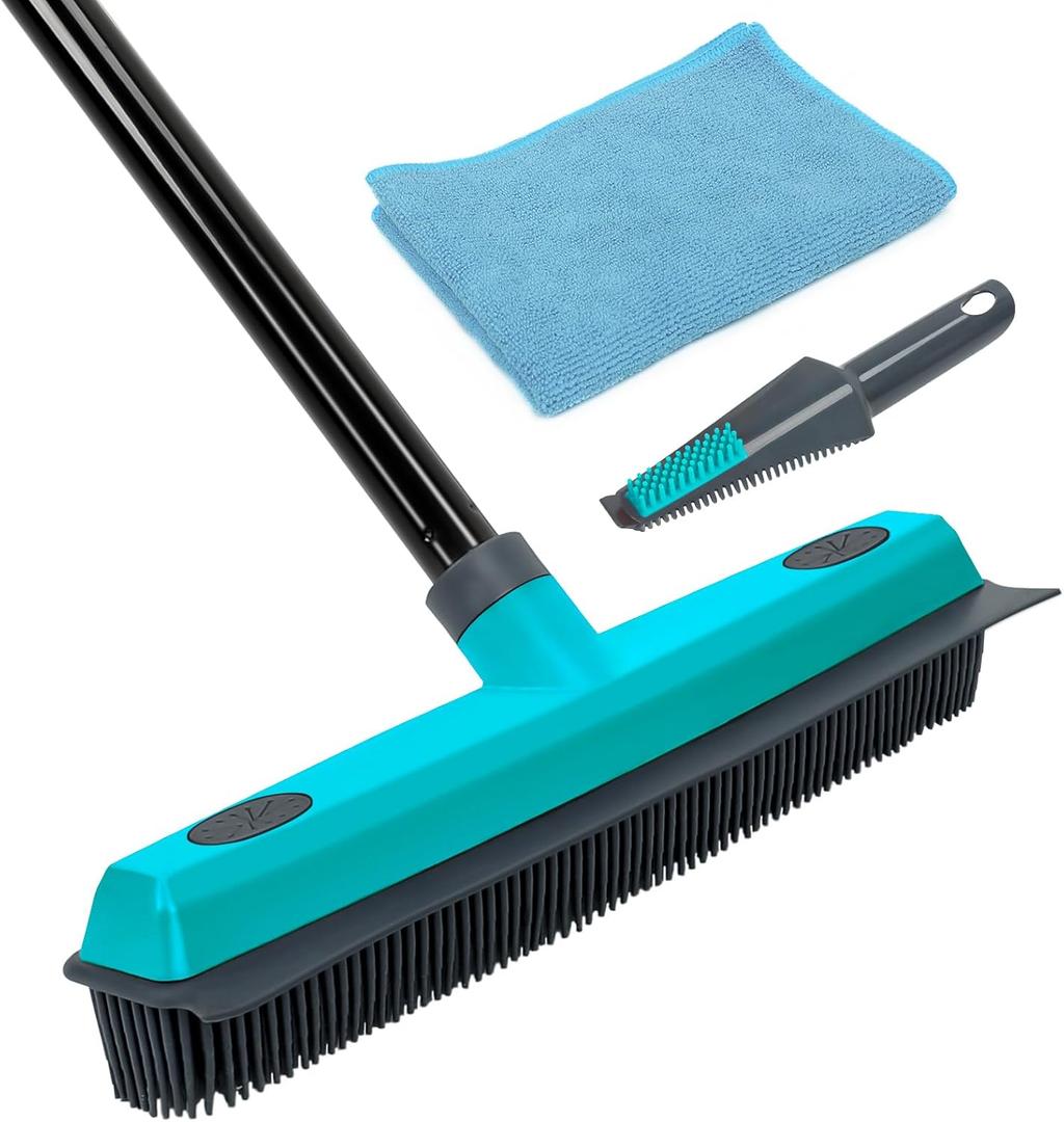 MAVRIZ Pet Hair Removal Broom Carpet Rake Rubber Broom with Squeegee Rug Rake to Fluff Carpet (Blue)