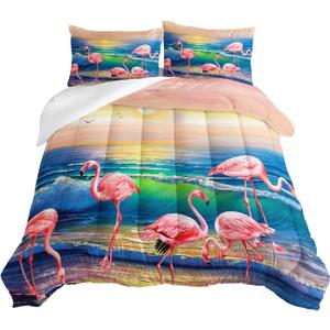 HOSIMA Flamingos Comforter Full Size,Pink Wild Flamingo Bedding Tropical Beach Room Decor,Seaside Home Decor Hawaiian Vacation Style Bedding for Girls Kids with 2 Pillow Cases.