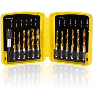 Combination Drill Tap & Tap Bit Set, 3-in-1 Titanium Coated Screw Tapping Bit Tool for Drilling, Tapping, Countersinking, with Quick-Change Adapter, 13Pcs SAE/Metric (Yellow)