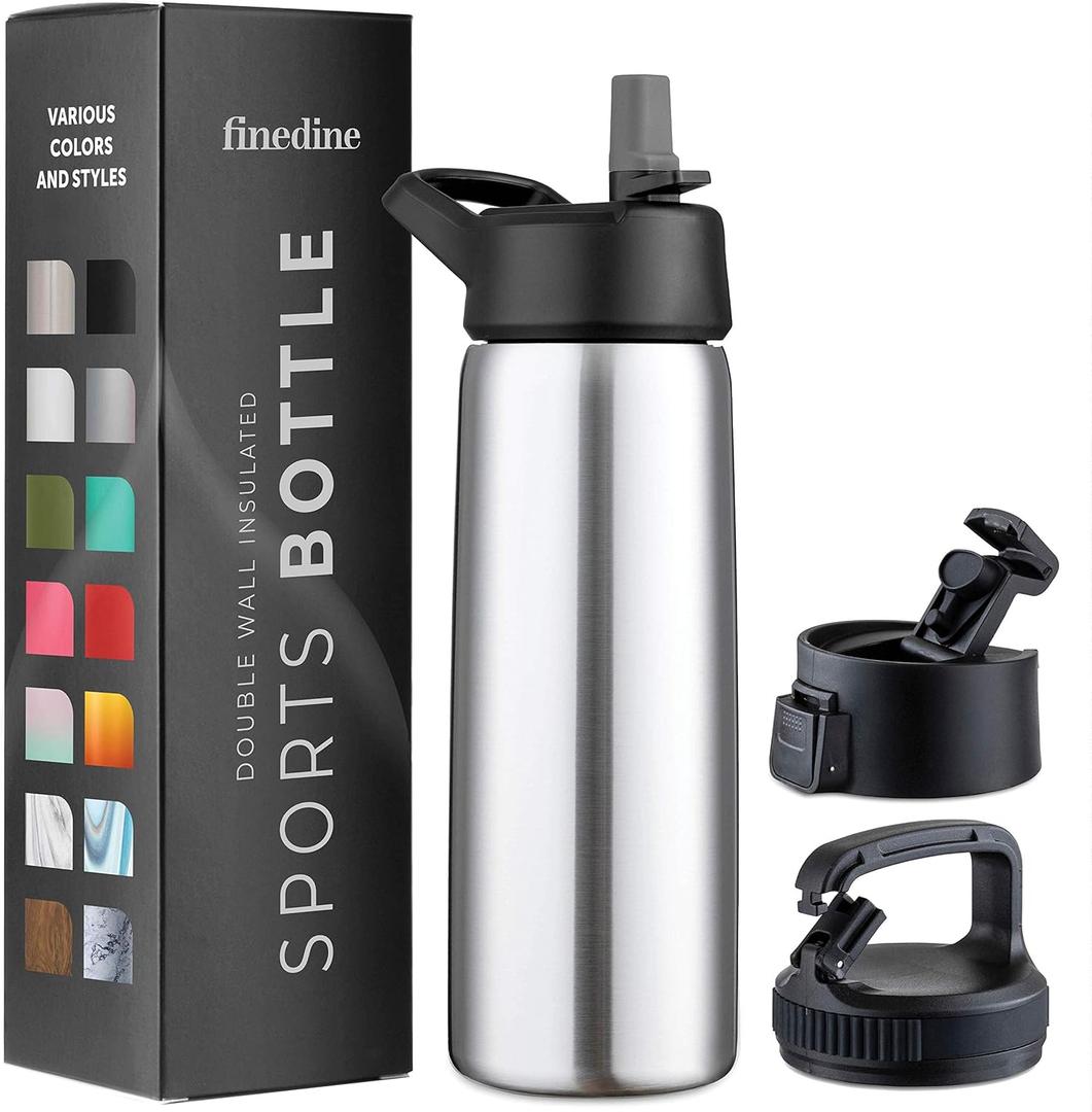 FineDine Triple Walled, Insulated Water Bottles with Straw - 25 Oz Stainless Steel Metal Bottle W/ 3 Leak Proof Lids - For Travel, School, Sports, Gym / Men, Women & Kids - Brushed Stainless Steel