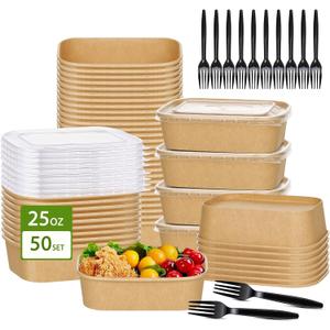 DI QIU REN 50-Pack 25oz Paper Bowls, Disposable Food Containers with Lids and Forks, Cardboard Meal Prep Containers for Diet Salad, Pasta (kraft Paper Rectangular, 25oz 50 Count)