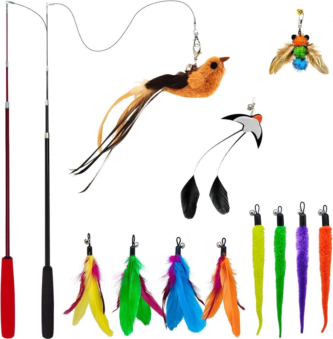 Interactive Cat Wand Toy Set – 2 Retractable Wands (37" & 49") with 11 Refills Attachments – Feather Toys, Plush Bird, Worms, Insect & Swallow – Cat Teaser Toys for Indoor Cats & Kittens
