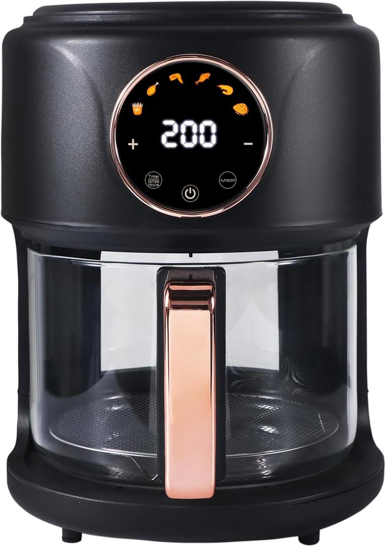 Airy Fryer, 4.7Qt 1200W Glass Air Fryer, 6-in-1 Functions, Digital Display, 360 Viewable, Dishwasher Safe, Adjustable Temp 80~200(175F - 400F), 60 Min Timer, Nonstick Basket, Black