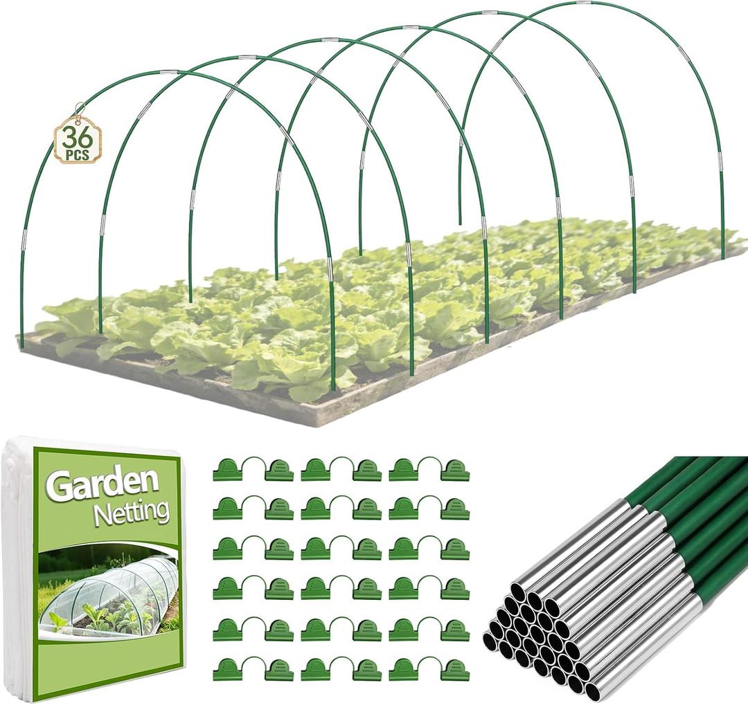 36pcs Garden Hoops for Raised Beds with Garden Netting, Rust-Free Fiberglass Greenhouse Hoops Grow Tunnel & Clips, Hoop House Support Frame for Row Cover & Plant Stakes for Vegetables