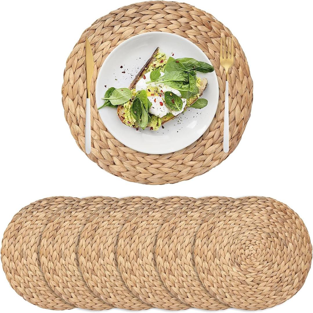 6 Pack Woven Placemats, Round Wicker Placemats, Rattan Place mats, Natural Hand-Woven Water Hyacinth Table Mats, Braided Straw Table Mats for Dining Table (15 inch), 15 inch Set of 6