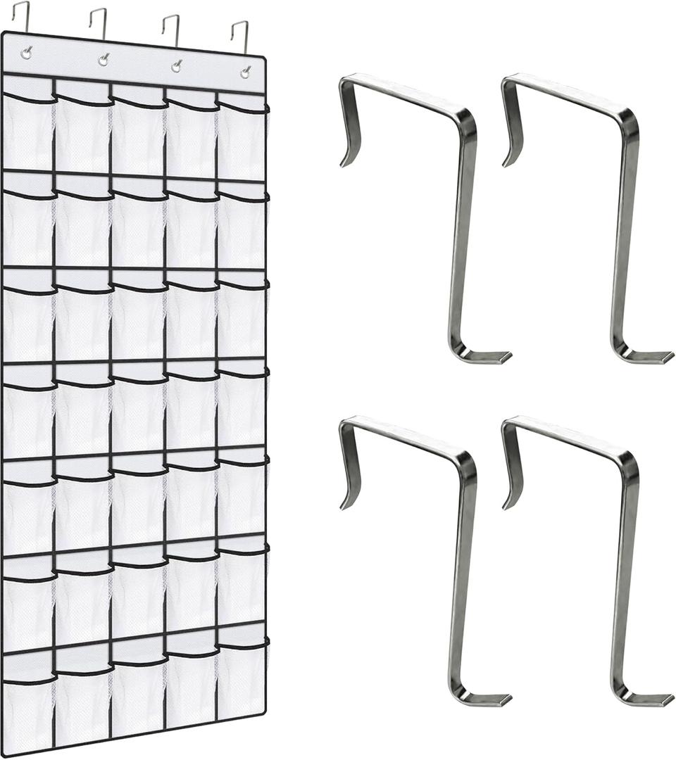 35 mesh pocket hanging shoe organizer shoe rack closet, 4 metal hooks，hanging shoe organizer net shoe rack, shoe organizer shoe rack on the door, storage room shoe rack men's and women's sneakers