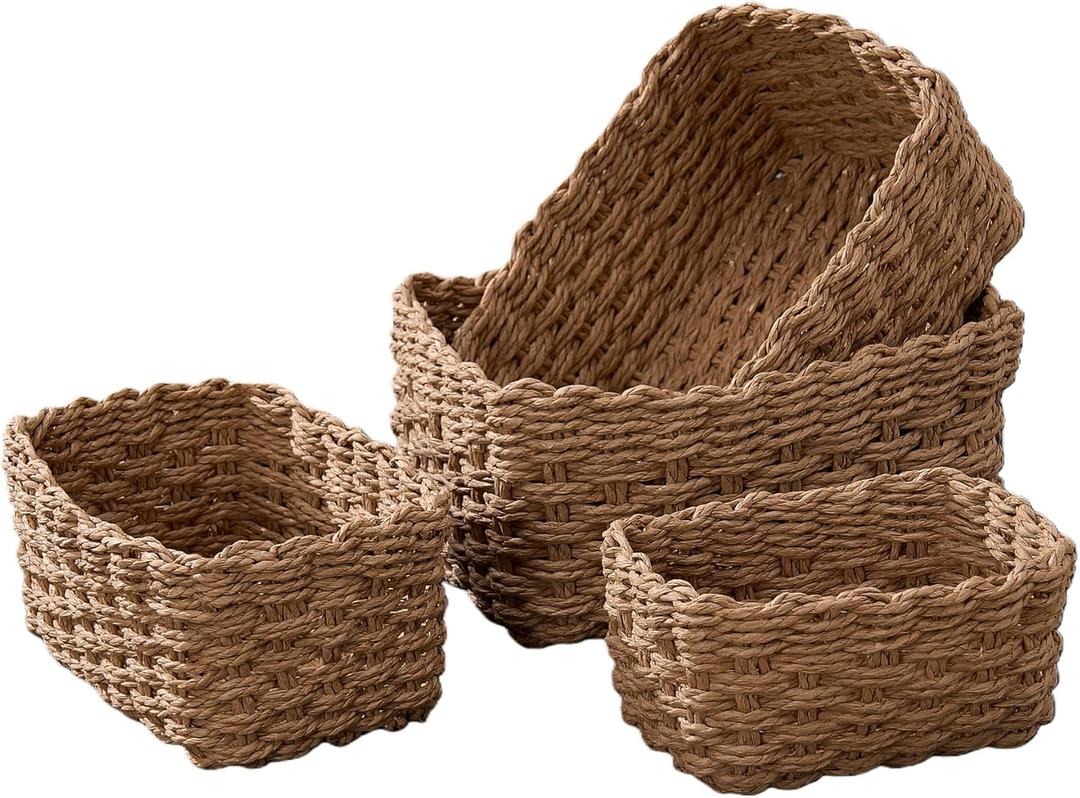 4PCS Woven Storage Baskets Set, Small Baskets for Organizing, Square Handwoven Paper Rope Organizer Bins for Shelves and Home Storage (Brown)