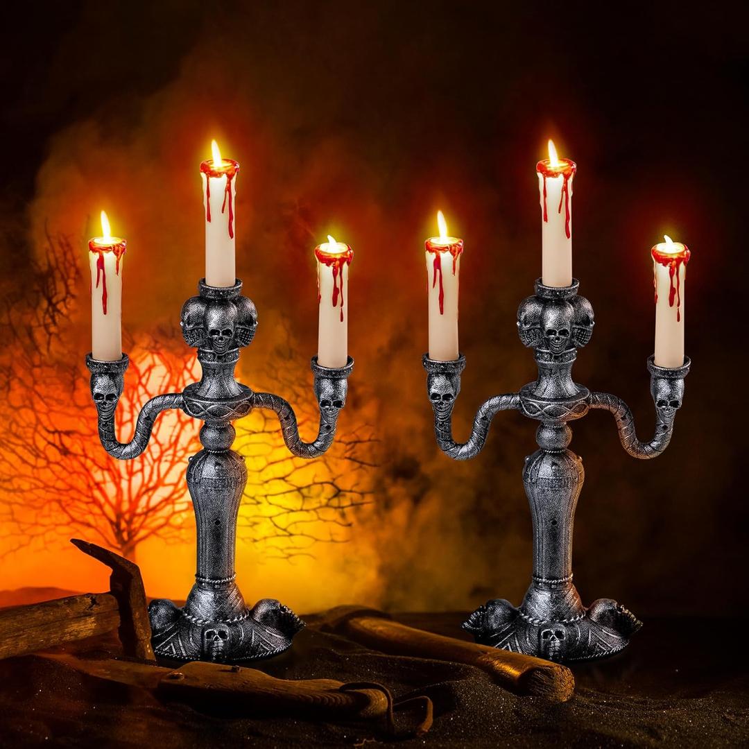 JOYIN 2 Pcs Skull Candelabra Halloween Decorations Indoor LED Lights Flameless Candles Holder, Scary Haunted House Mansion Decor for Table Home Party