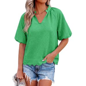 Tankaneo Womens Summer Puff Sleeve Tops V Neck Blouses Casual Tee Shirts (Green, L)