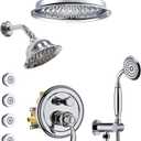 Dual Antique Shower Head System with Body Jets: 9" Ceiling Mounted Rain & 6" Wall Mount Vintage Rainfall and Handheld Spray Faucet Set, 4 Way Diverter Brass Valve with Trim Kit, Chrome