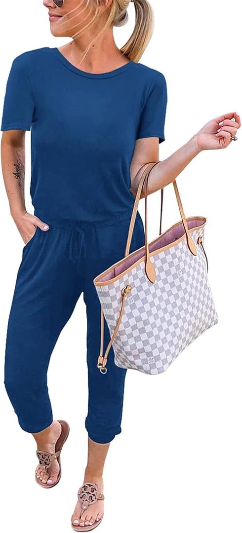 KIRUNDO Jumpsuits for Women Summer 2025 Casual Short Sleeve One Piece Outfits Drawstring Waist Long Pants Romper Jumpers (Small)