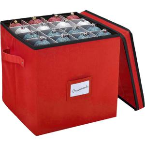 Handy Laundry, Christmas Ornament Storage - Stores up to 64 Holiday Ornaments, Adjustable Dividers, Covered Top, Two Handles. Storage Box Keeps Holiday Decorations Clean & Dry for Next Season. (Red)