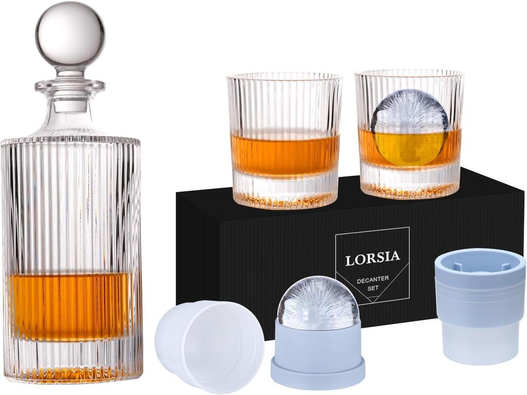 Whiskey Decanter Set with Gift Box - Includes 2 Crystal Bourbon Glasses and 2 Big Ice Ball Molds - Whiskey Glasses Set for Scotch, Cocktails, Rum, Cognac, Vodka - Unique Gift for Men