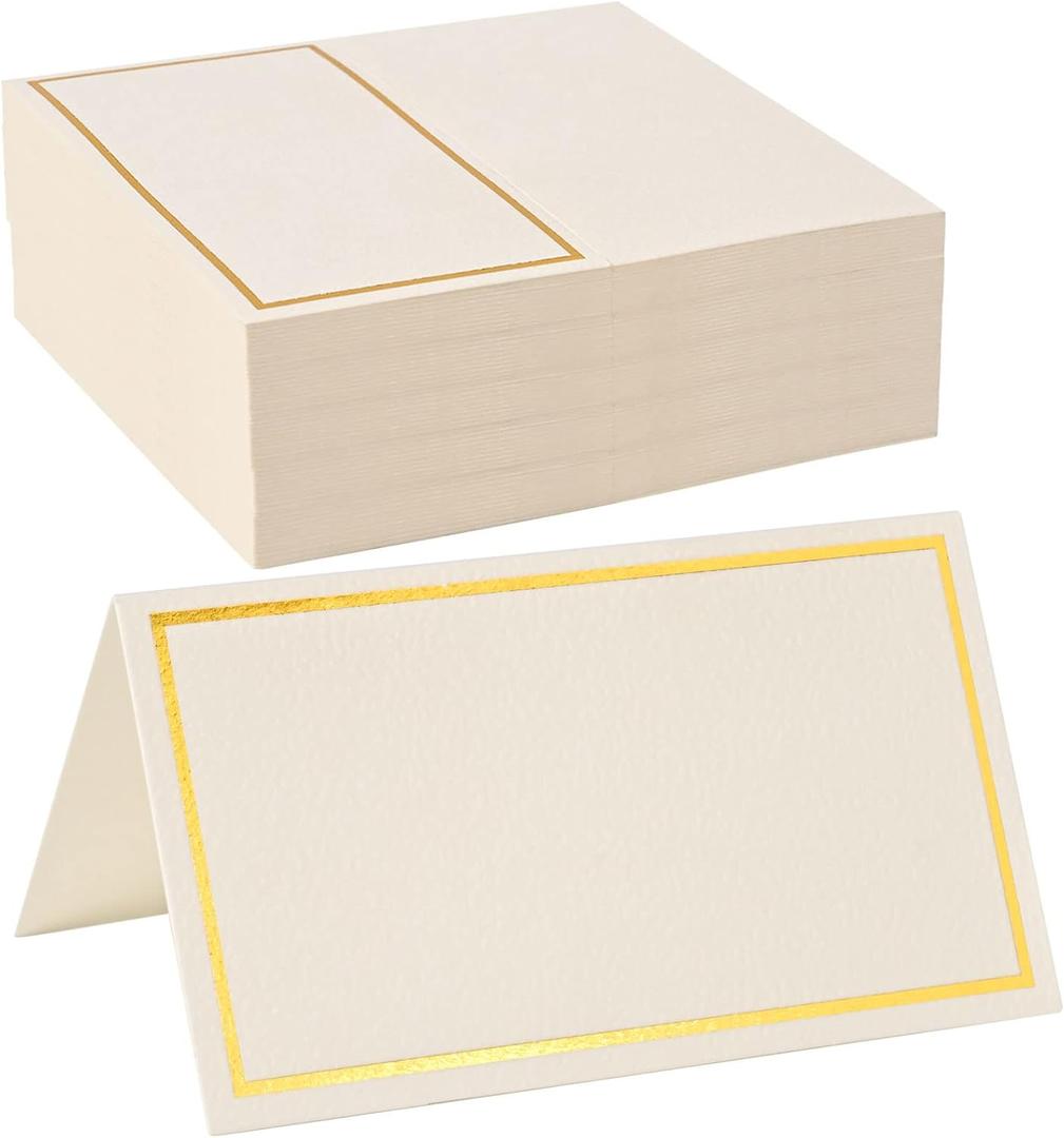 50 Pack Place Cards for Table Setting with Gold Foil Border Table Tent Cards for Seating Perfect for Weddings, Dinner Parties, Banquets, 2” x 3.5”
