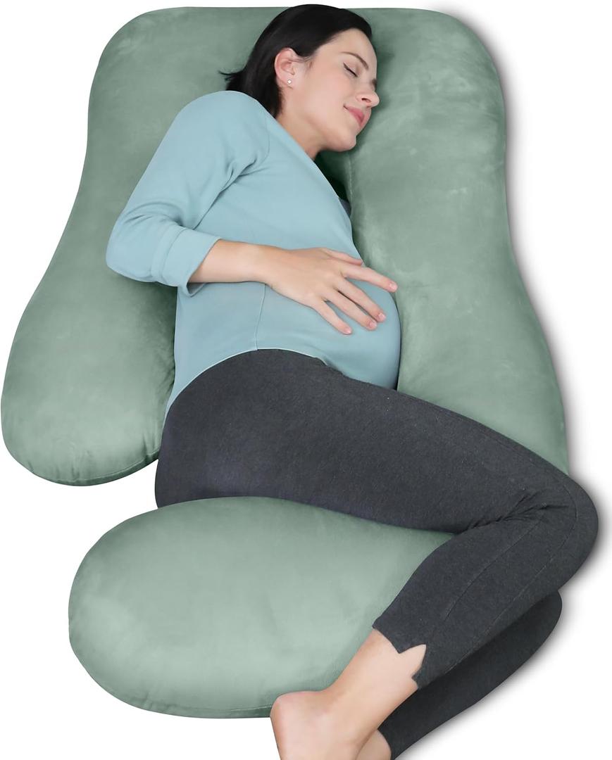 MOON PARK Pregnancy Pillows for Sleeping - U Shaped Full Body Maternity Pillow with Removable Cover - Support for Back, Legs, Belly, Hips - 57 Inch Pregnancy Pillow for Women - Green, Velvet Cover - 57 Inch