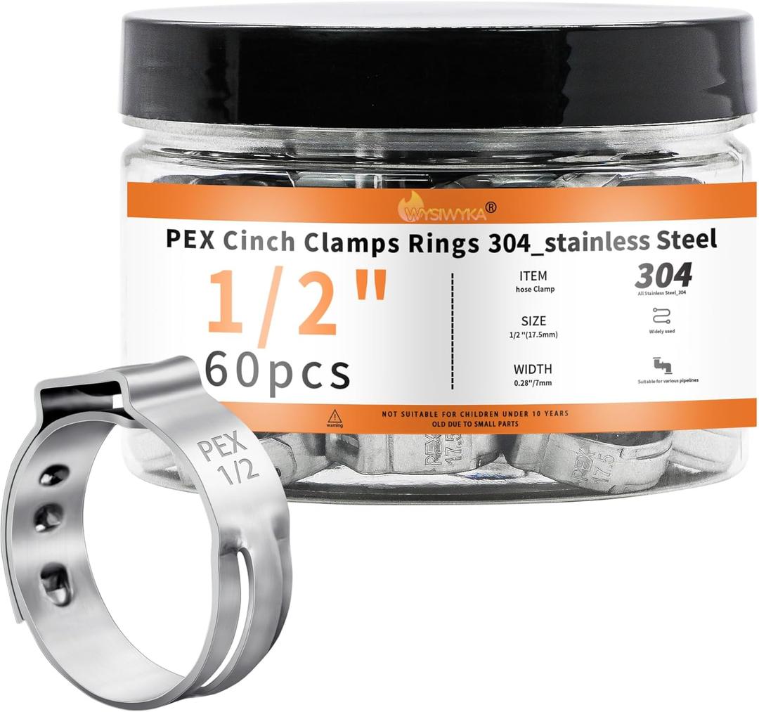 60pcs 1/2 inch PEX Cinch Clamps Rings, 304 Stainless Steel Single Ear Hose Clamps, Pex Crimp Rings for PEX Tubing Pipe Fitting Connections
