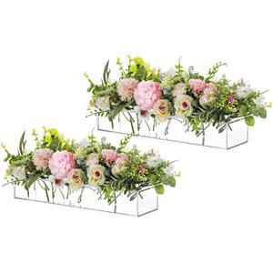 Rectangular Acrylic Vases for Centerpieces, 16 Inches Long Floral Vase with Holes for Flowers, Clear Rectangle Box Tray for Roses Modern Flower Arranger for Wedding Home Dining Table Decor, 2pcs