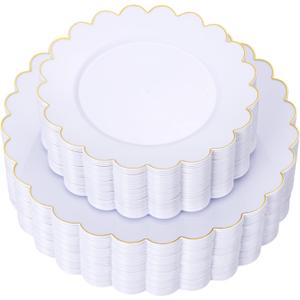 LIYH 60 Pcs Gold White Plastic Plates Scalloped Disposable Combo Includes 30 Dessert & 30 Dinner Plates for Monthers Day Birthday Wedding Party