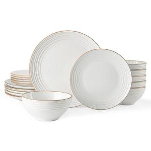 Famiware Jupiter 18-Piece Stoneware Dinnerware Sets for 6 Handcrafted Plates and Bowls with Speckles & Embossed Swirls, Chip & Scratch Resistant, Modern Rustic Dishes for Daily & Formal Use, White