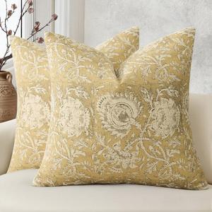 Vintage Floral Print Throw Pillow Covers 22x22 Set of 2 Neutral Modern Farmhouse Pillowcases Accent Decorative Cushion Covers Boho Home Decor for Couch Sofa Chair Bed Living Room, Yellow