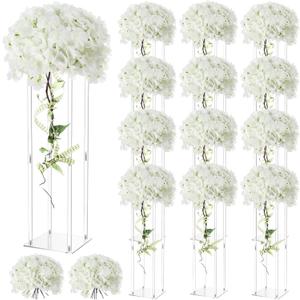 Geetery Tall Acrylic Wedding Flower Stand Centerpieces Clear Elegant Vase Column Stand with Artificial Hydrangea Flowers for Wedding Party Table Home Decorations(12 Pcs,20 Inch)