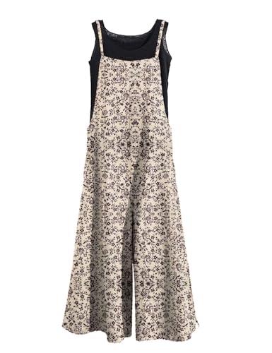 KMAZN Women's Casual Loose Long Cotton Bib Overalls Baggy Linen Plus Size Jumpsuits Rompers Wide Leg Pants QG5 301, M