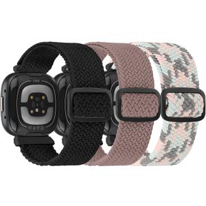 Braided Stretchy Solo Loop Bands Compatible With Fitbit Versa 3/Versa 4/Sense 2/Sense for Women Men Nylon Elastic Straps Wristbands for Fitbit Versa 3/4(3 Pack) (Black+Smoke Purple+Coral)