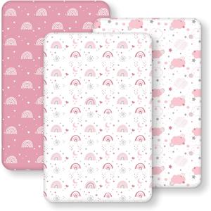 Baby Bedside Bassinet Sheets Fitted Girl, 33x20 Compatible with Baby Delight Dream On Me & Most Rectangle Bedside Sleeper Bassinet Mattresses, Super Soft Microfiber Pink Rainbow