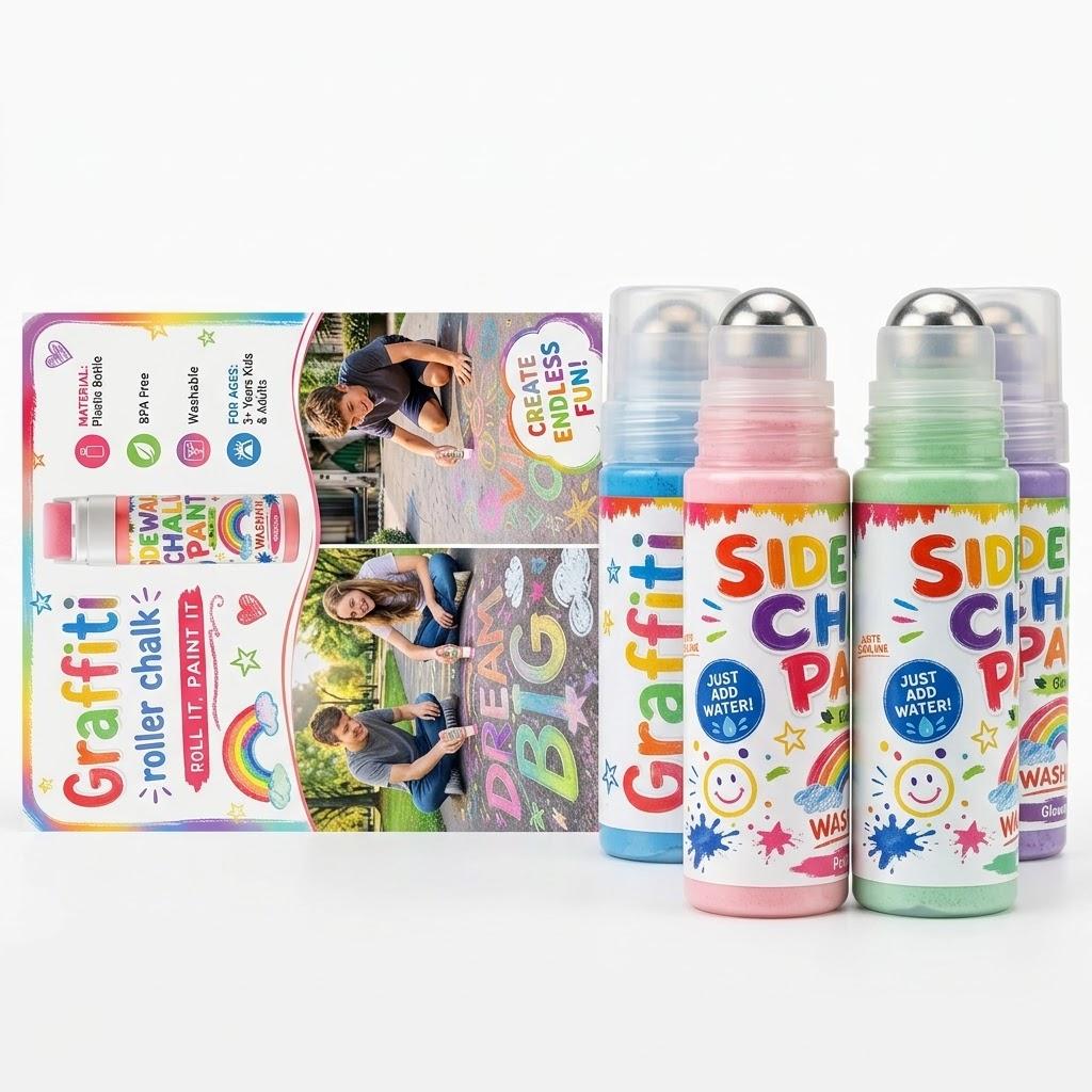 Sidewalk Graffiti Roller Chalk Paint Set for Kids – Washable & Non-Toxic Outdoor Chalk Roller Bottles – Fun Arts & Crafts Activity Kit for Boys & Girls (Ages 3+)