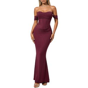 CurvySweet Clara Women's Off The Shoulder Mesh Maxi Dress Built-in Bra | Elegant ruched waist detailing, faux corset, soft and comfortable fabric, curves hugging, wedding guest and cocktail attire, Small