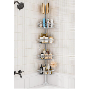 Rustproof Shower Corner Caddy Shelf for Bathroom Tension Pole Organizer with 4 Baskets for Bathtub Shampoo Storage from 23.6 to 114.5 Inch with Towel Bar (Silver)