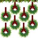 Dingion 8 Pcs 9.8" Small Christmas Cabinets Wreaths Mini Wreaths for Kitchen Window Chair Backs with Ribbon Bell Artificial Greenery for Farmhouse Holiday Decoration (Velvet,Elegant,Dark Red)