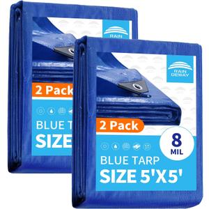 RAINDEWAY Small Tarps 5x5 Feet (2 Pack) 8 Mil, UV Resistant, Durable, Multipurpose Waterproof Poly Tarp Cover with Metal Grommets and Reinforced Edges,Blue Tarp