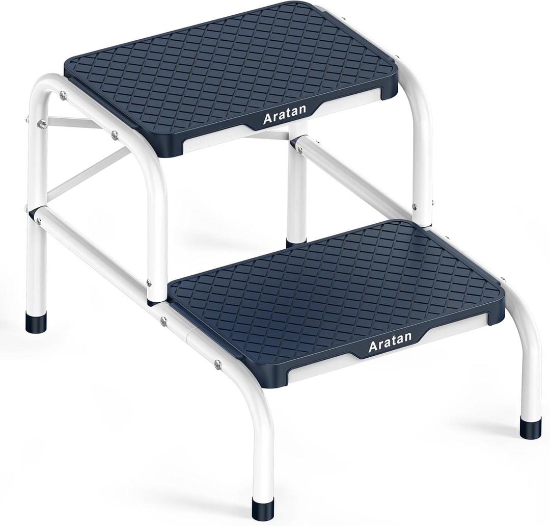 Two Step Stool for Adults, Heavy Duty Stepping Stool with Non-Slip Rubber Feet Metal Stool for Bedroom Kitchen Bed Steps for High Beds, 330 Lbs Capacity