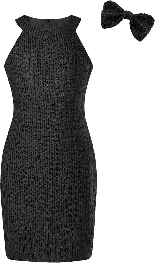 EXARUS Girls Halter Neck Sparkly Sequin Dresses Sleeveless A-Line/Bodycon Dress for Girl Formal Special Occasion 6-14Y (Black)