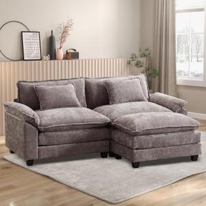 Sectional Sofa, Modular Cloud Couch with Ottoman, Deep Seat Sleeper Sofas with Throw Pillows, Comfy Chenille Loveseat Sofa for Living Room, Apartment (Light Grey, Loveseat & Ottoman)